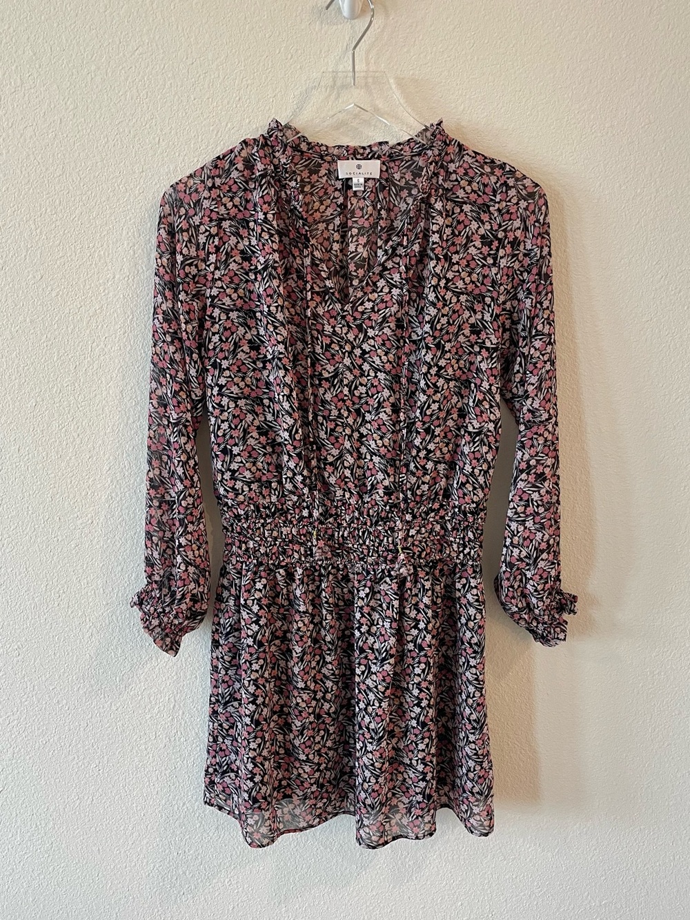 Socialite Pink Navy Floral Long-Sleeve Chiffon Dress S